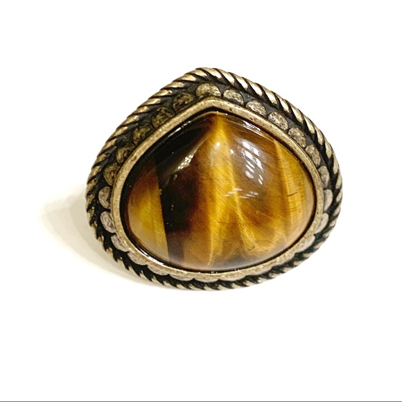 Fossil Tigers Eye Brown Stone Ring Size 7 - Picture 2 of 4